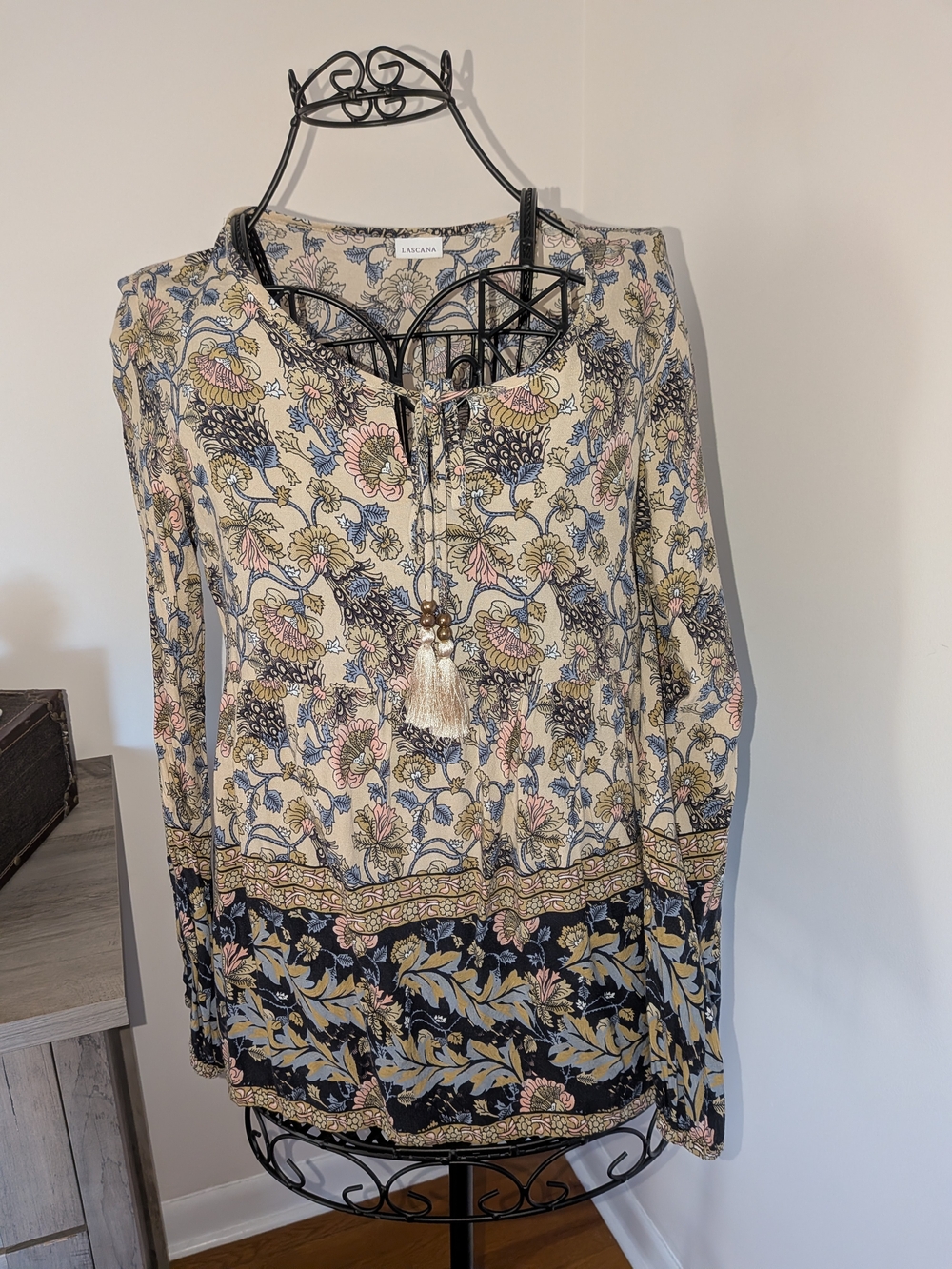 LASCANA Floral Tassel-Tie Boho Blouse in Cream and Navy
